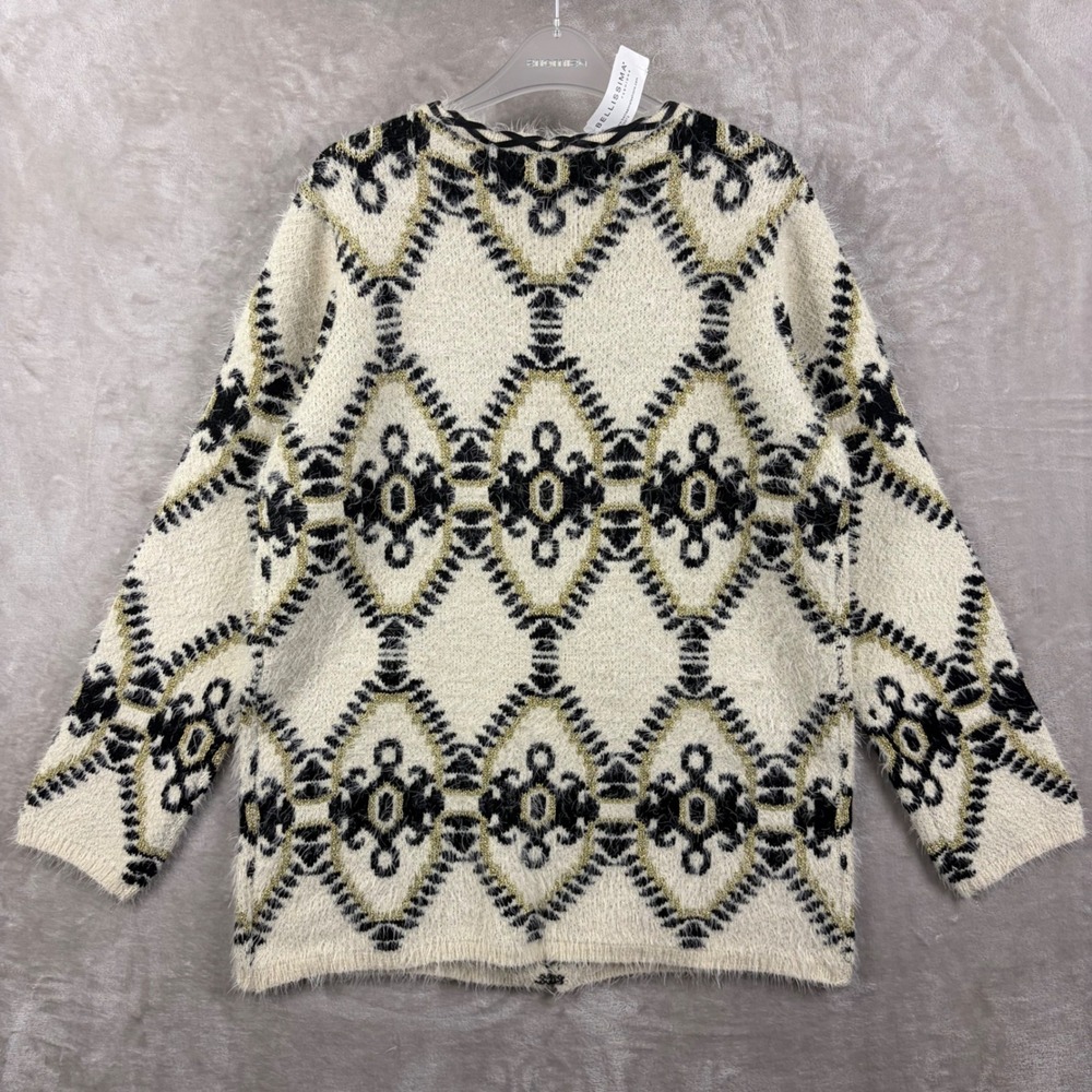 Alberto Makali XL Fuzzy Metallic Geometric Diamond Knit Cardigan Cream Statement - Picture 2 of 13
